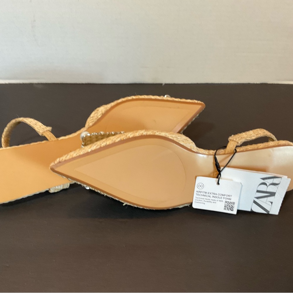 ZARA NWT beige raffia flats with pearl and rhinestone detail 2531/910 size 5 - Picture 10 of 12
